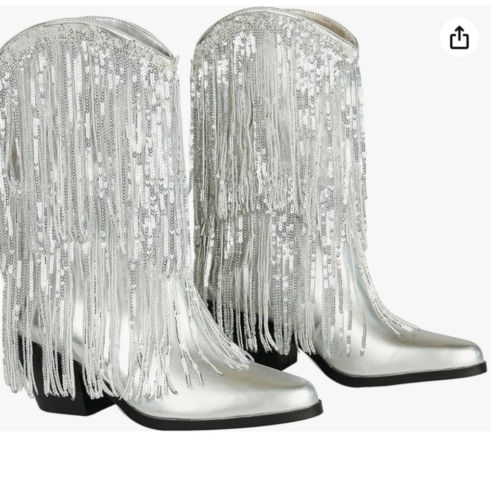 Women's Thick-heeled Western Pointed Silver Tassel and Sequin Booties in Silver - Picture 6 of 6